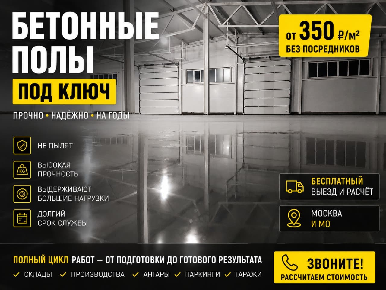 Бетонные полы с топпингом под ключ от 350 ₽/м²