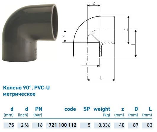 Колено 90°, d75, PVC-U метрическое, +GF+